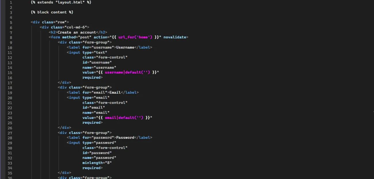 A Flask and Jinja HTML account-form template displayed in a code editor