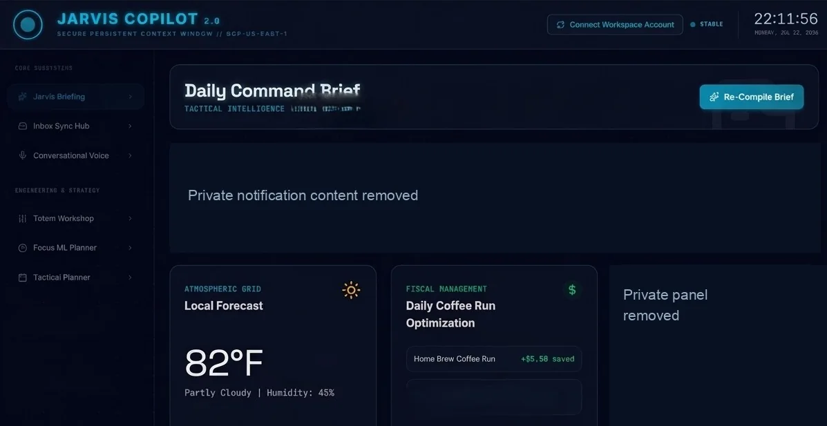 OmniCal project screenshot showing an AI command-brief dashboard with private content removed